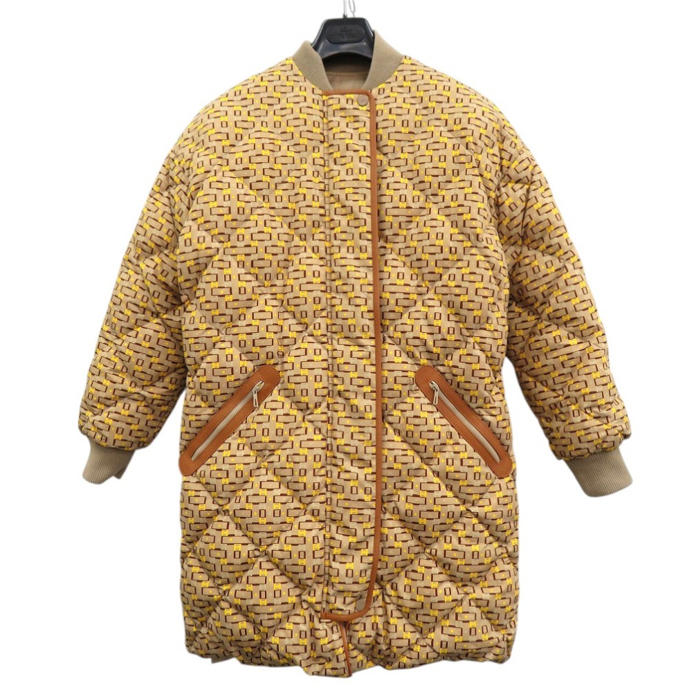 美品 ベルト付 リバーシブル ロング レザーパッチ Hロゴ 総柄 セリエボタン ダウンジャケット ダウン/フェザー イエロー 0710【中古】 レディース