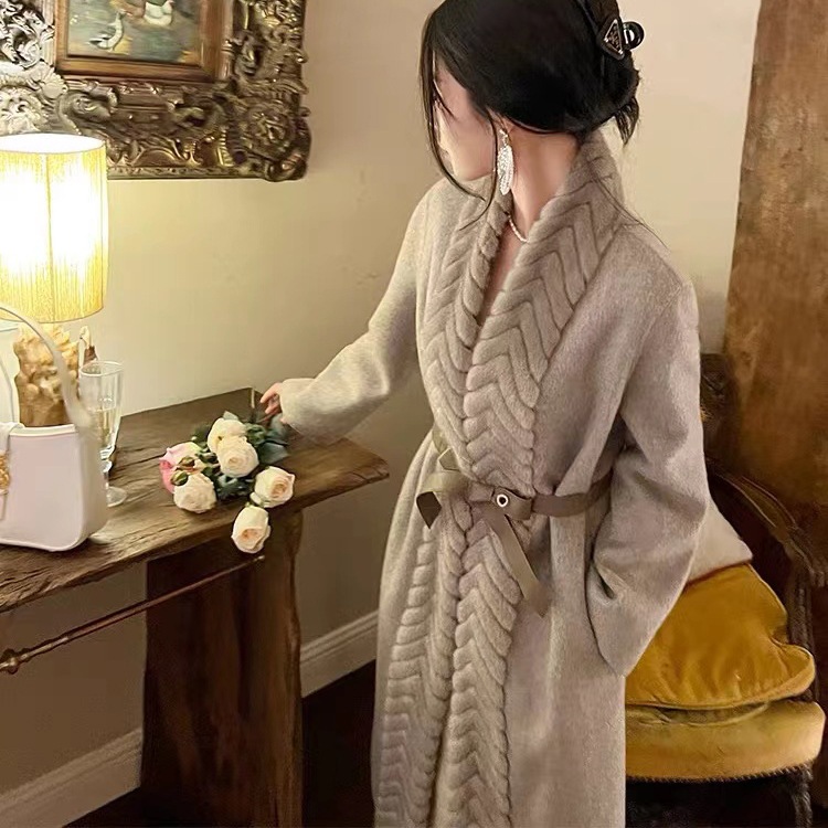 コート リバーシブル ツイードコート ミンクファー スリムカラー ベルト レディース レディーススタイル