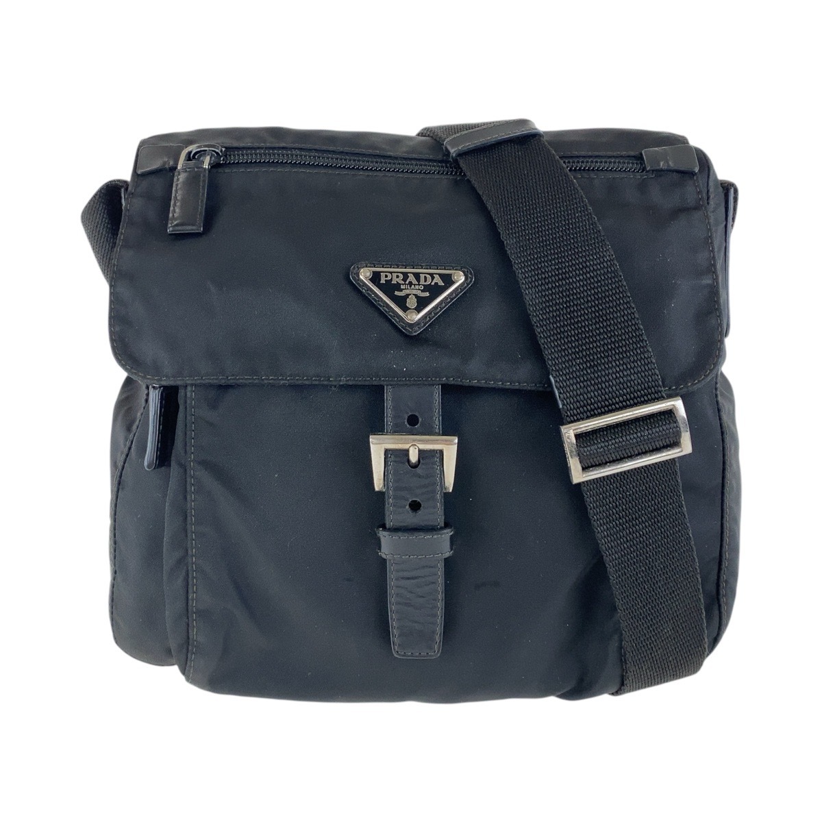 美品 テスート 三角ロゴプレート ブラック 黒 シルバー金具 ナイロン ショルダーバッグ ポシェット レディース 504669