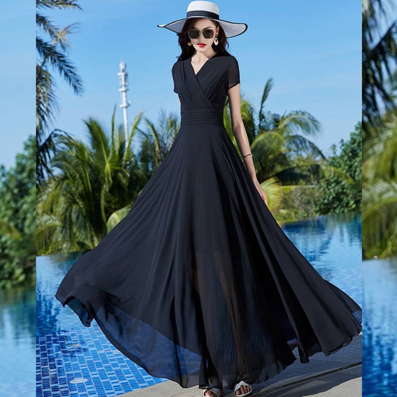 ワンピース フレアワンピース ロング ロング丈 マキシ マキシ丈 袖あり 半袖 Vネック カシュクール フレア Aライン シフォン ウエストマーク ハイウエスト 透け感 ポリエステル かわいい