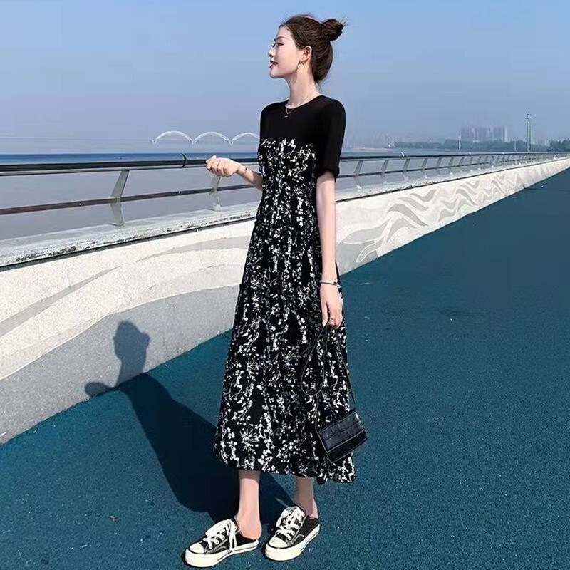 ワンピース 花柄 ハイウエスト ミモレ丈 半袖 ラウンドネック Aライン プルオーバー