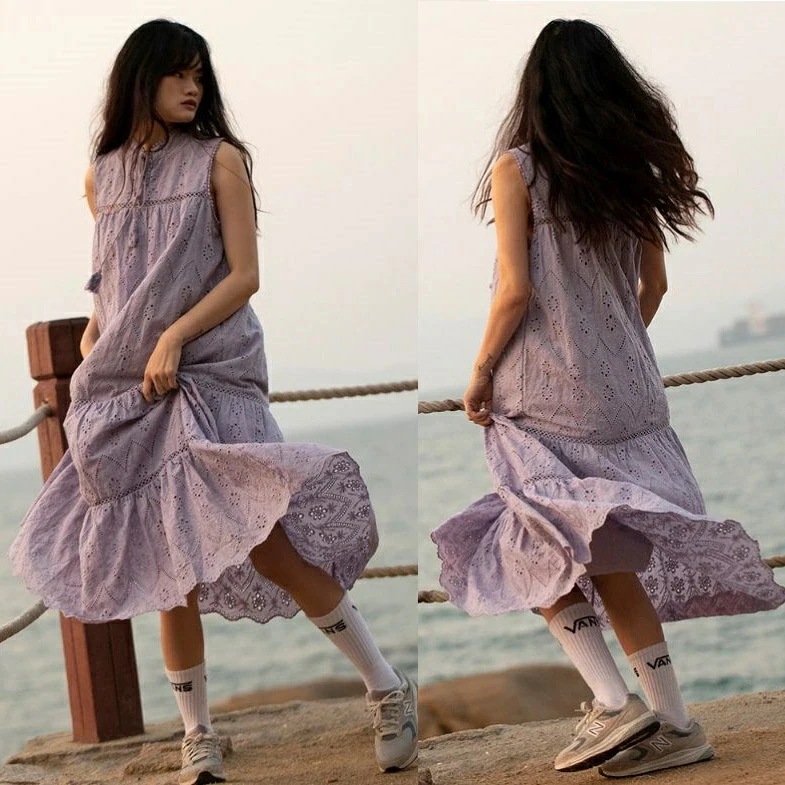 【急速出荷 2025年新作】ノースリーブ ワンピース 紫 白 青 リゾートワンピース 韓国 サマーワンピース レディース ラウンドネック 夏 ロング丈 可愛い フェミニン ガーリー ティアードワンピー 4,999円