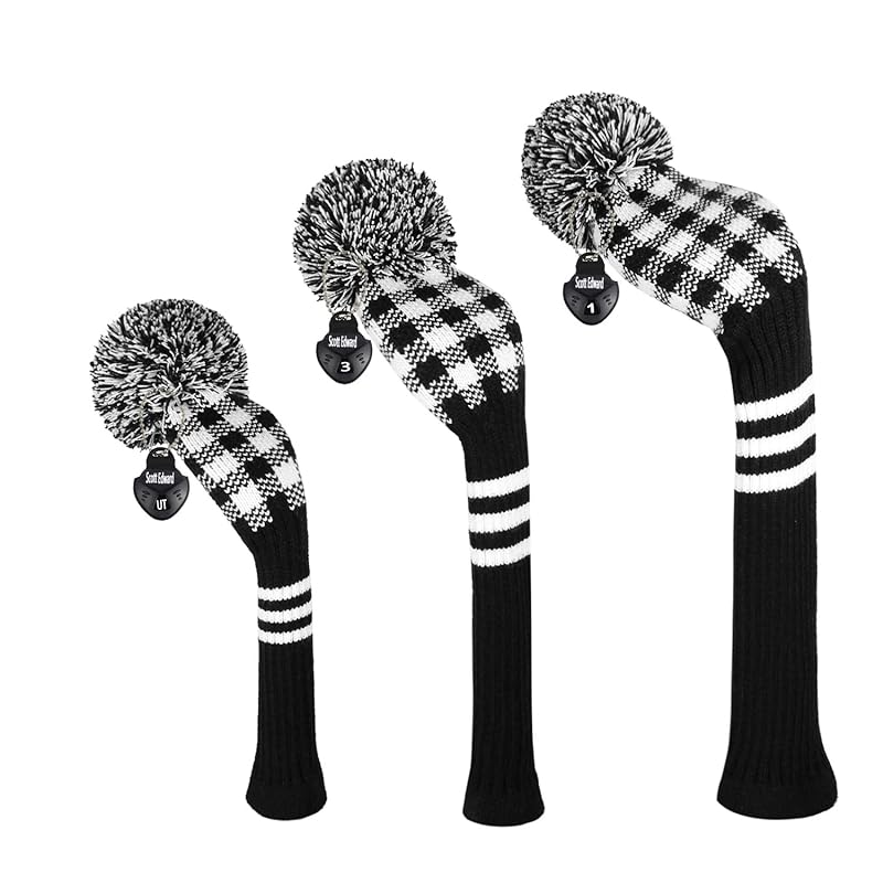 濃い色明るい色のストライプゴルフのニットヘッドカバー 3枚セット ドライバーフェアウェイウッドとハイブリッドut (黒い白い格子)