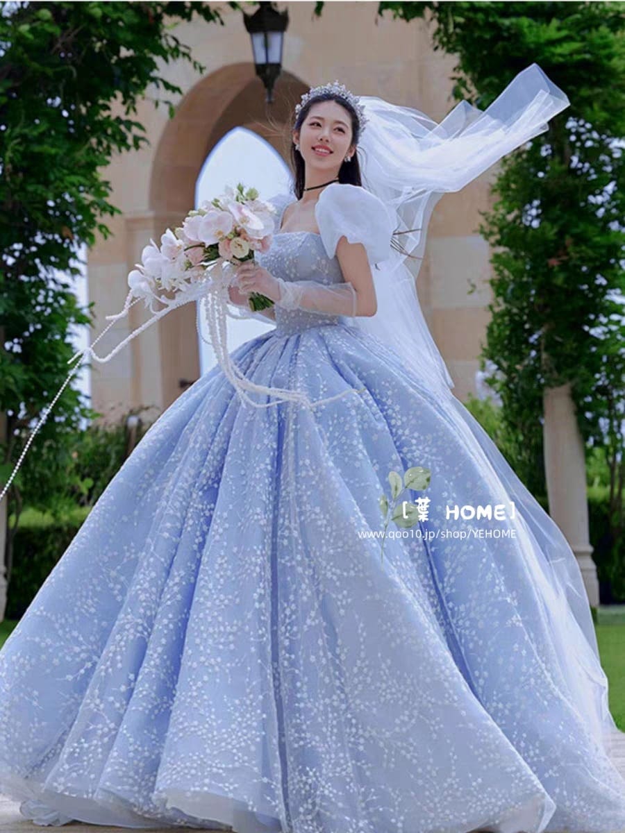 カラードレス ロマンチックな刺繡ドレス ロングドレス プリンセスライン ブルー 演奏会 発表会 コンサート 大人 パーティードレス ウェディングドレス 結婚式 二次会