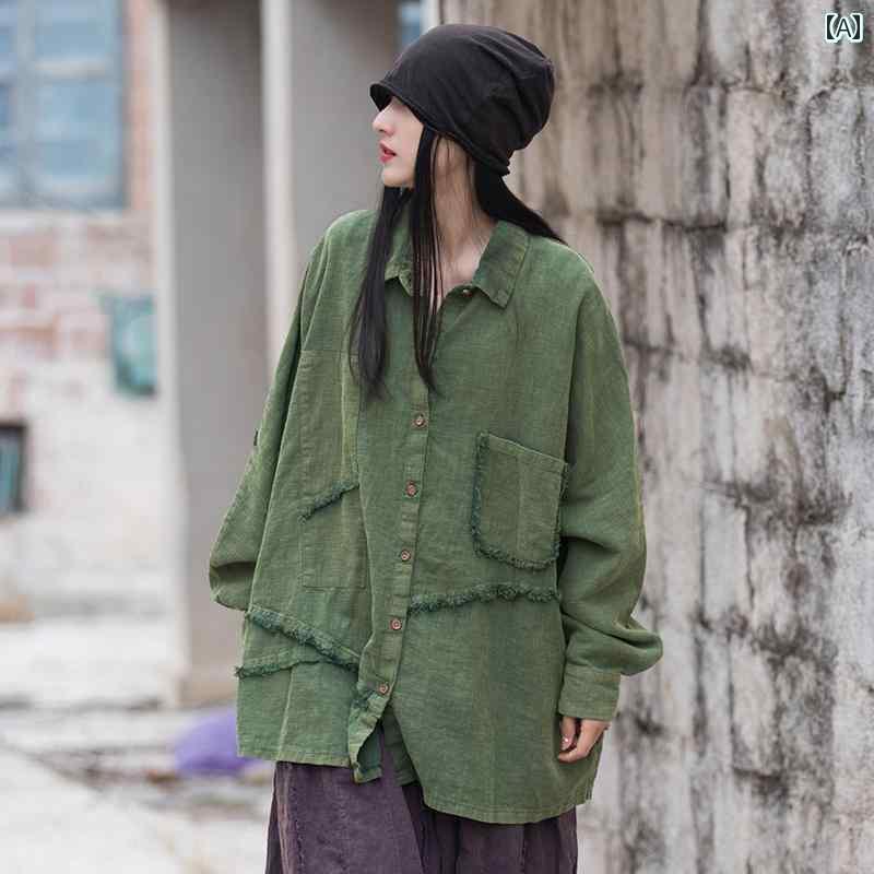 レディース　　シャツ　トップス レディース レトロ ラミー 炒め シャツ カジュアル ワークウェア 不規則な 切り っぱなしの エッジ メンズ なの トップス