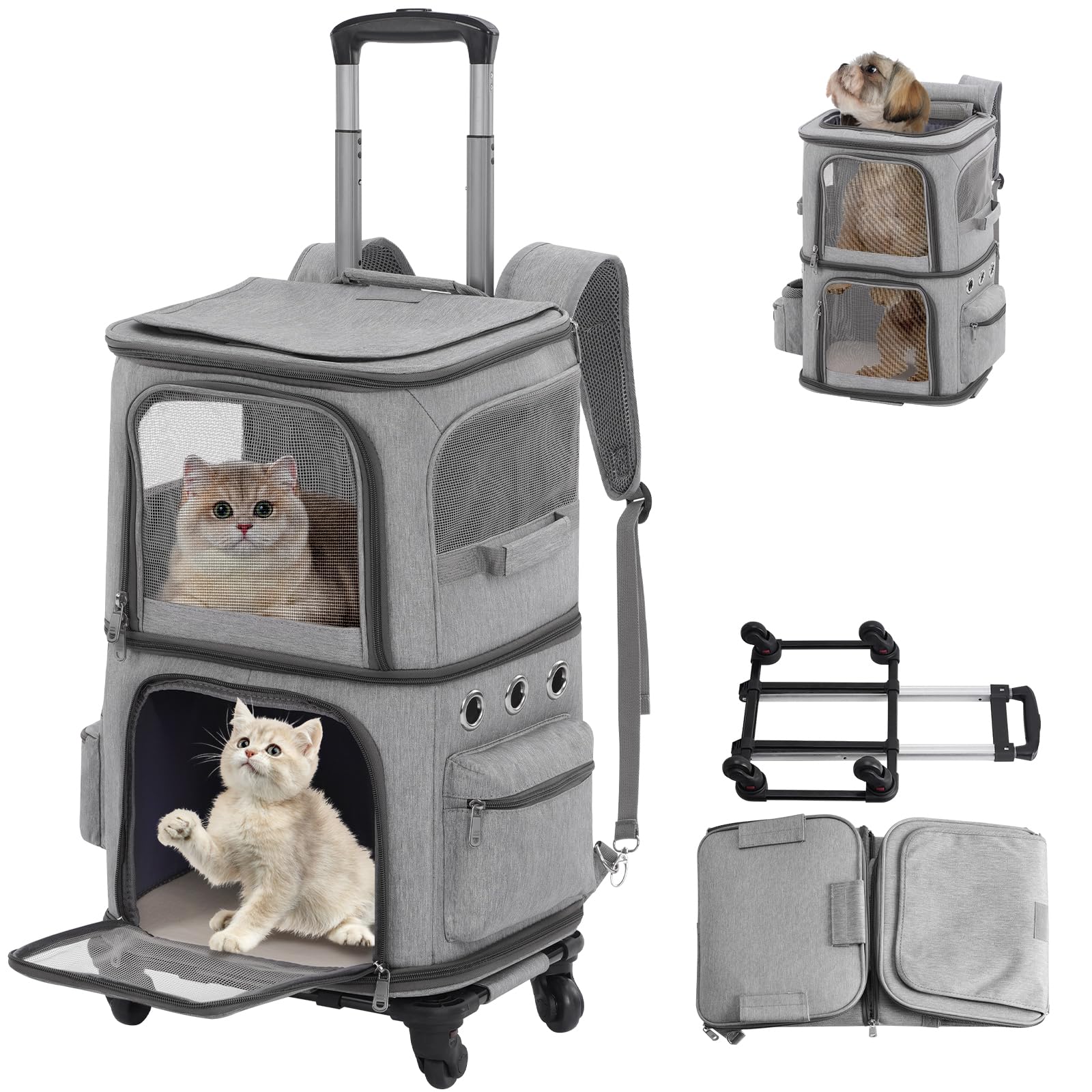 HOVONO 猫 2 匹 キャリー リュック キャスター付き 小型 犬 キャリー カート 2段式 ペット ネコ の トロリーバッグ 大容量 通気性 旅行/通院/交通機関/災害避難用 グレー XL