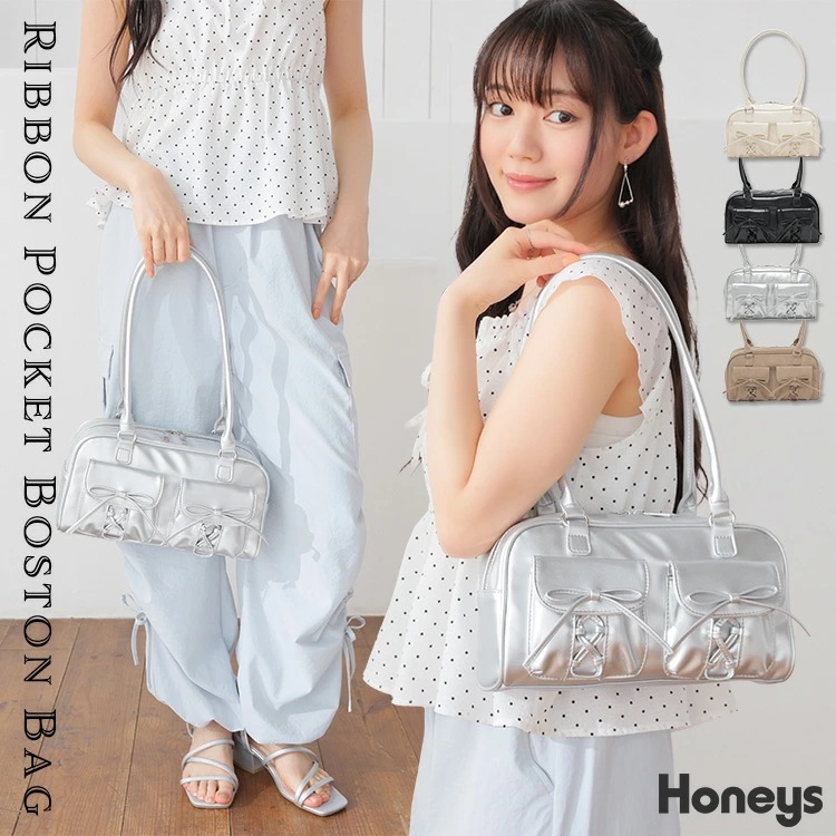 Qoo10] Honeys リボンポケットボストン ハンドバッグ バ