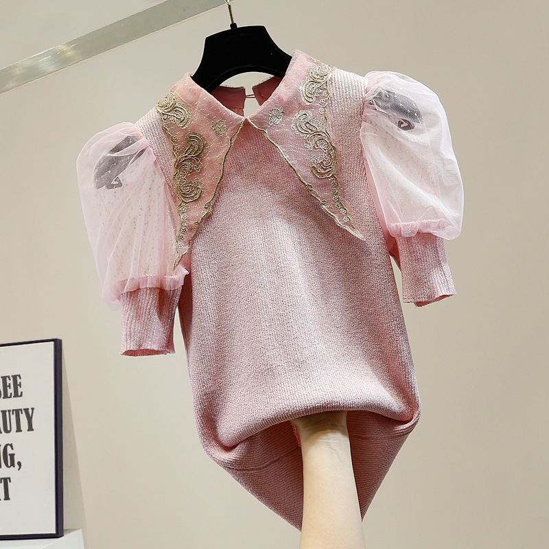 刺繡ニットTシャツ 刺繡 ニット Tシャツ トップス パフスリーブ レディース ママコーデ お仕事コーデ オフィス 春 夏 秋 C97