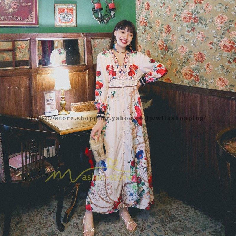 ワンピースロングレディースマキシドレススタイリッシュフローラルエスニックスタイルレトロ春夏秋新着カジュアル通勤エレガント