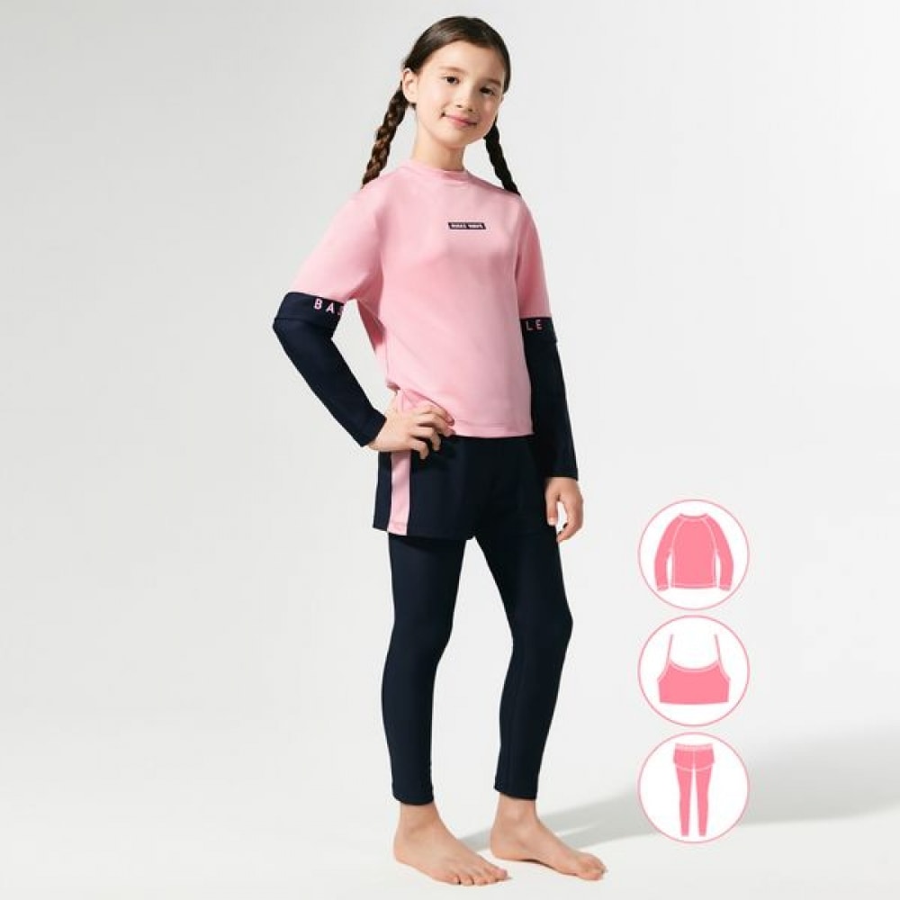 [ベーシックエル] ベーシックエルガールズピンクラッシュガードウォーターレギンスビーチショーツセット BEG-Y601P