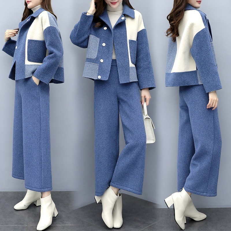 2024 レディース秋冬韓国風ツーピースステッチウールジャケットワイドレッグパンツカジュアルファッションスーツ女性
