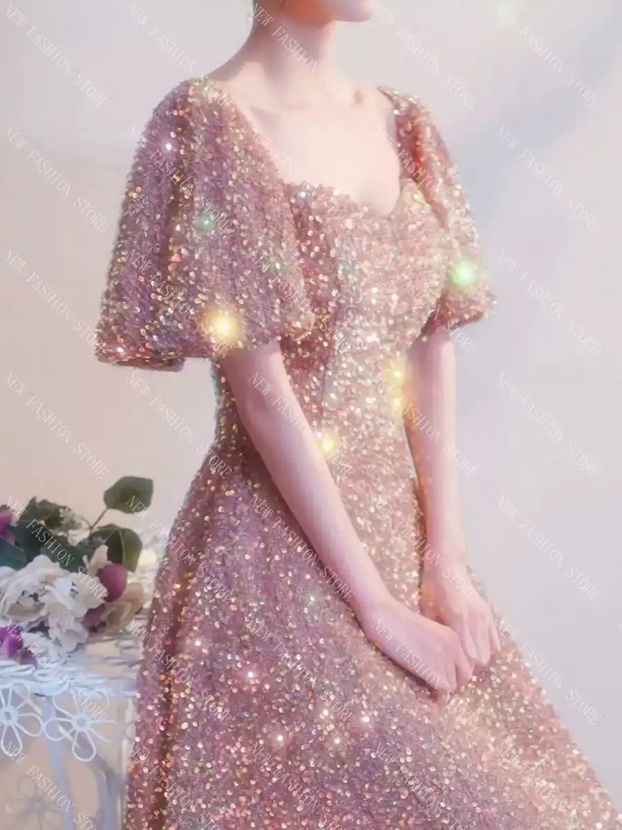 宴会イブニングドレスシャンパン色のスパンコール高級軽奢小衆ドレススカート女性気質名媛司会者高級感-39