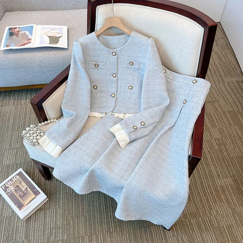 ハイエンドのカスタマイズ-2025 春と秋のロングスカートスーツ女性のティースタイルスタイル気質スプライシングジャケット痩身スカートツーピースセット