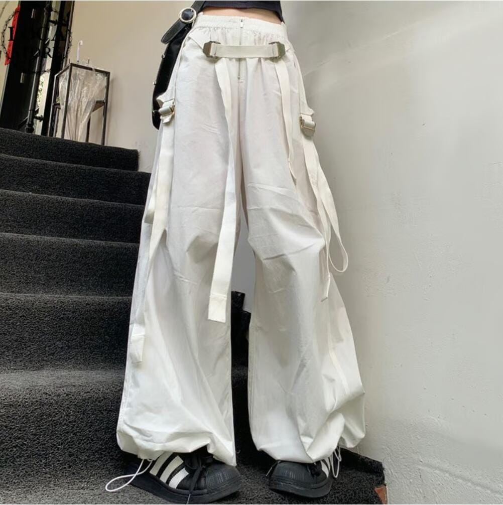 【3日で出荷】パラシュートパンツ ストラップ ワイドパンツ ストレート パンツ ボトムス ルーズ ハイウエスト レトロ 韓国ファッション レディース 大人可愛い ガーリー