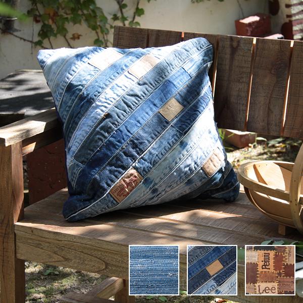 クッション デニム生地 おしゃれ インテリア アクセント 目立つ かっこいい デニムクッション デニム地 パッチワーク風 デザイン 45×45cm 正方形