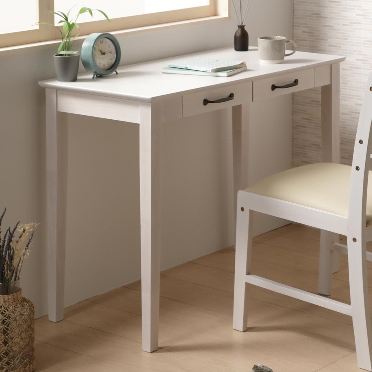デスク 引出し付 カントリー調 MIGNON 幅90cm 奥行45cm スリム 机 つくえ リビング ナチュラル 白 ホワイト 木製