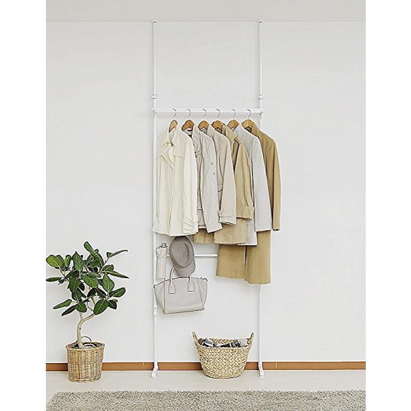 ハンガーラック つっぱり 白 洋服掛け クロムメッキ 省スペース おしゃれ 玄関収納 傘立て 身支度ラック 段差対応 突っ張り 幅77cm
