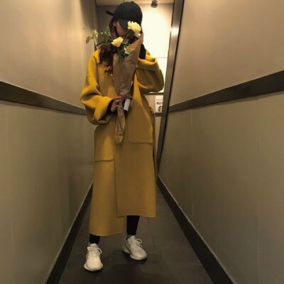 ドレスコートロングコートレディースベルトロングマスタードイエローブラック秋冬秋冬コートコリアウルザン