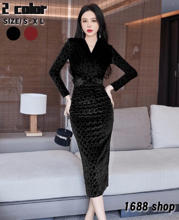 激安セール2025 タイトワンピース 姫系ワンピース　シンプル　ワンピース インポート ひざ丈 ミドル丈 エレガント　韓国ファッション シンプル Vネック パーティドレス 長袖　お嬢様 セクシー ミニ