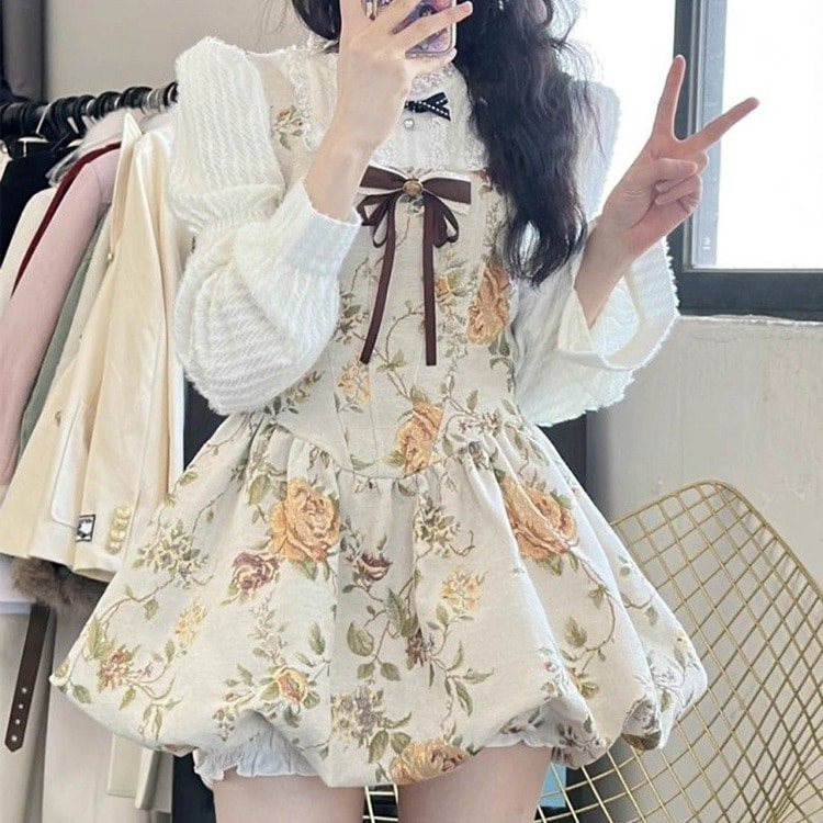 フレンチスイートとレトロスタイルのレディース春秋ツーピースセット：リボン付きレースベーストップとチューリップスカート