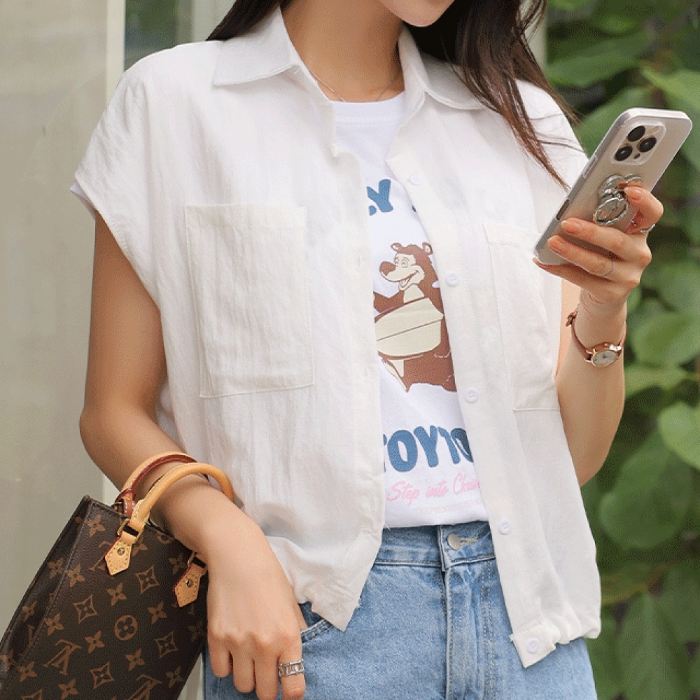 Click & Funny キンキャップスリーブストリングポケットシャツ