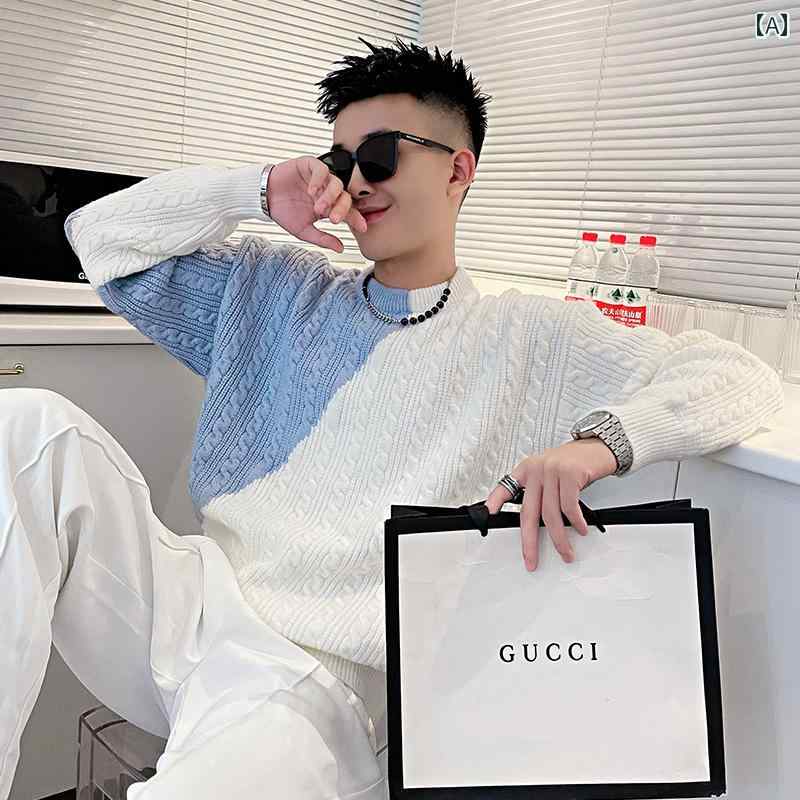 セーター メンズ ニット トップス 冬 暖かい ファッション 秋冬 対照 ラウンドネック トレンディ トップス