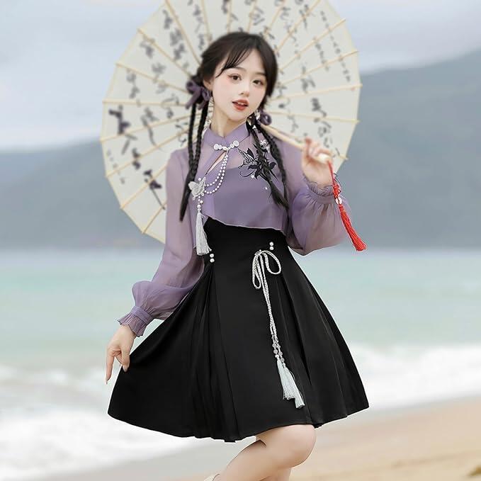 ワンピース ロリータ 中華風 チャイナドレス風 長袖 ゴスロリ透け感 森ガール 姫 ドレス 女の子 漢服 刺繍 膝丈 超可愛い イベント ハロウィン 文化祭