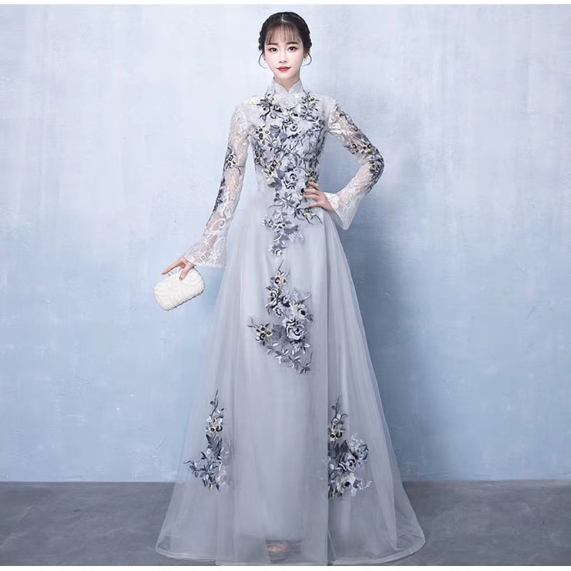 気品イブニングドレススカート女2025宴会優雅大気長袖司会者セレブグレーロングドレス