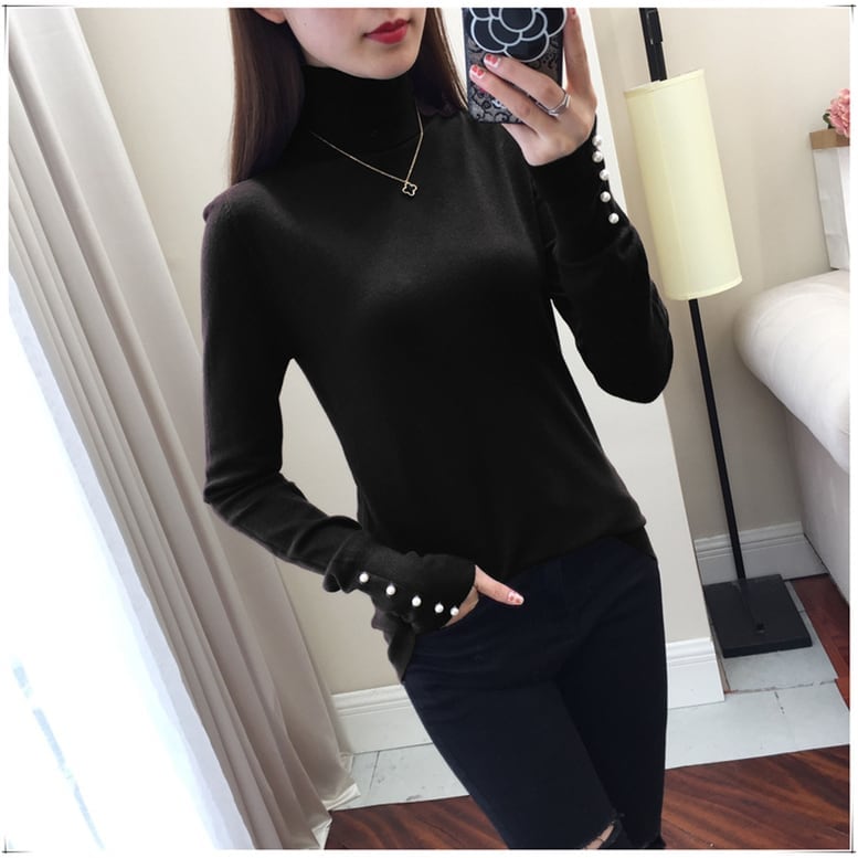 5color 袖口パールハイネックニット パールボタン付きプチハイネックニットプルオーバー