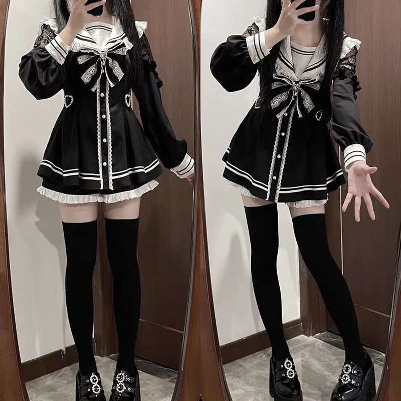 ブロークンベア 和風スイーツ風ツーピースセット レディース 春秋用 リボン結びウエストスリミングワンピースとハイウエストショーツ