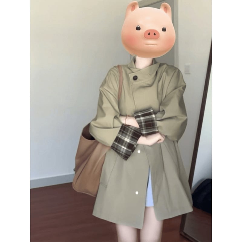 カーキ トレンチ コート レディース 2025 春秋新作 スタンドカラー ミドル丈 秋口の小柄な方向けの万能コート