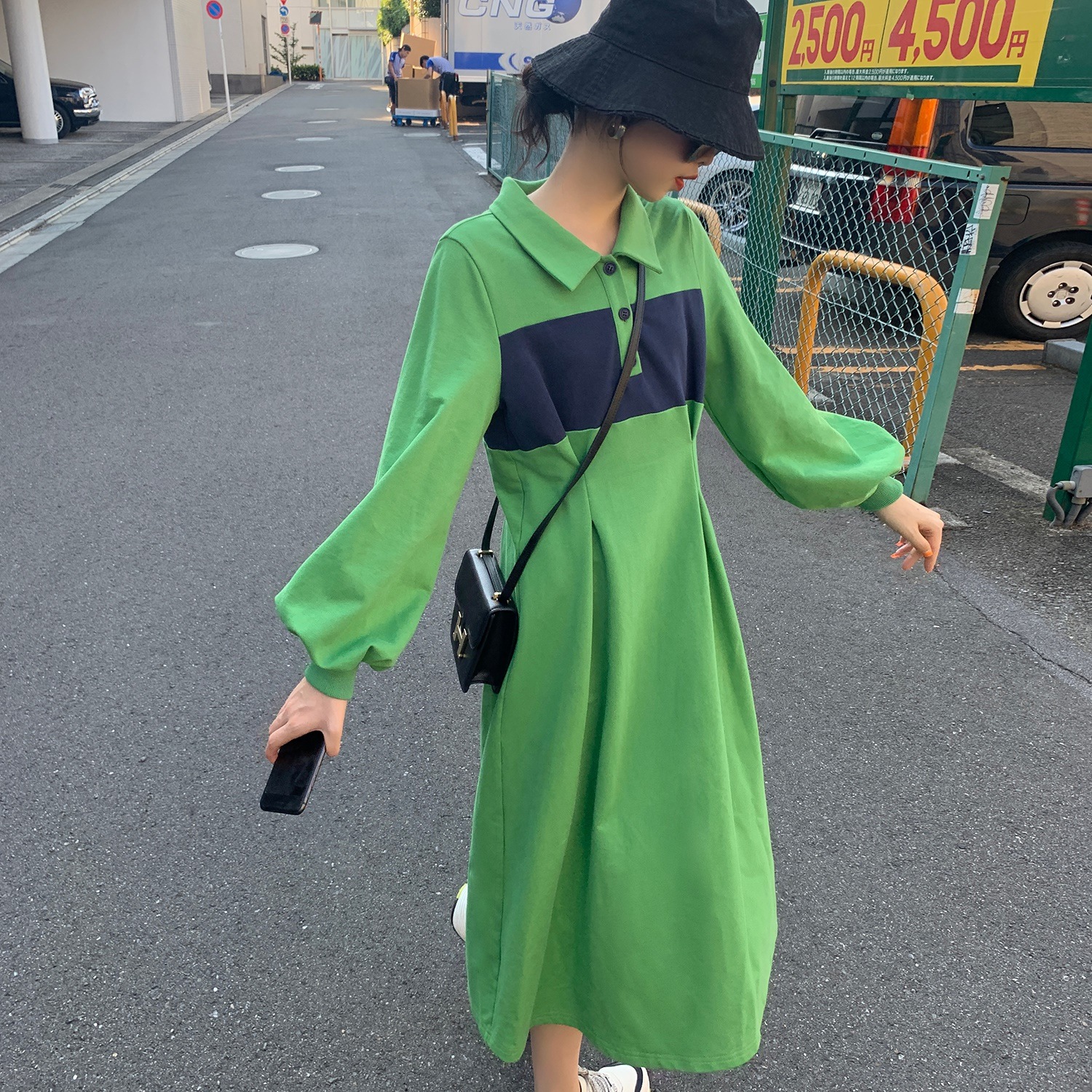 秋を所モデルの女装ゆとりで底からポロ领初秋長袖のワンピース