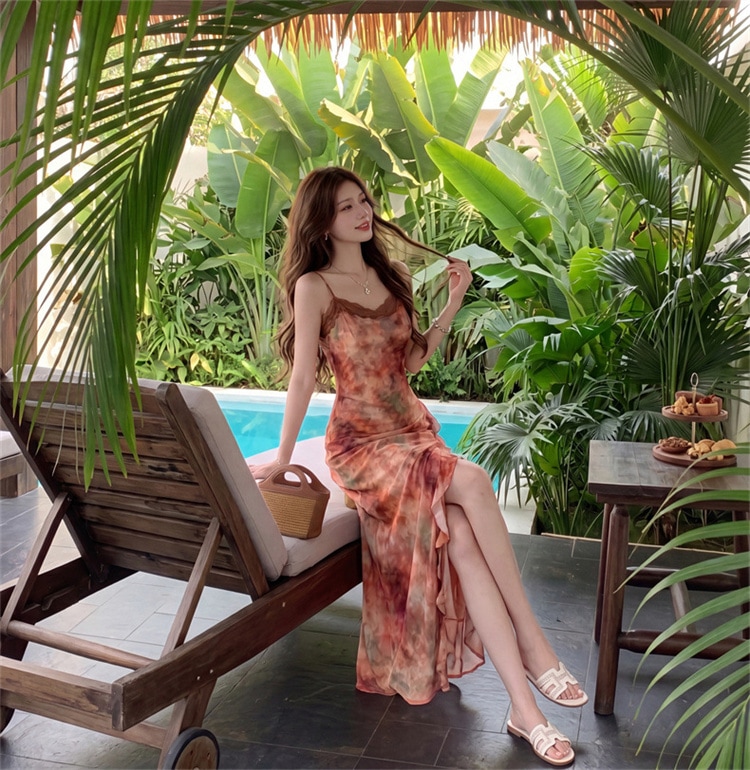 リゾート用花柄ワンピース 2点セット レース切替 天素材 キャミソール ロング丈 ショール付き 夏用 写真映え