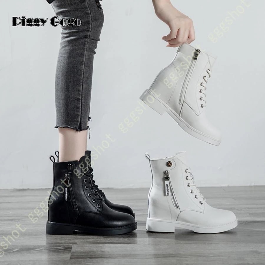 デザインがおしゃれ 7.5cm身長アップ シークレットブーツ レディース 厚底 ショート ブーツ レースアップ 編み上げ ハイカット インヒール コスプレ靴 コスプレブーツ 美脚