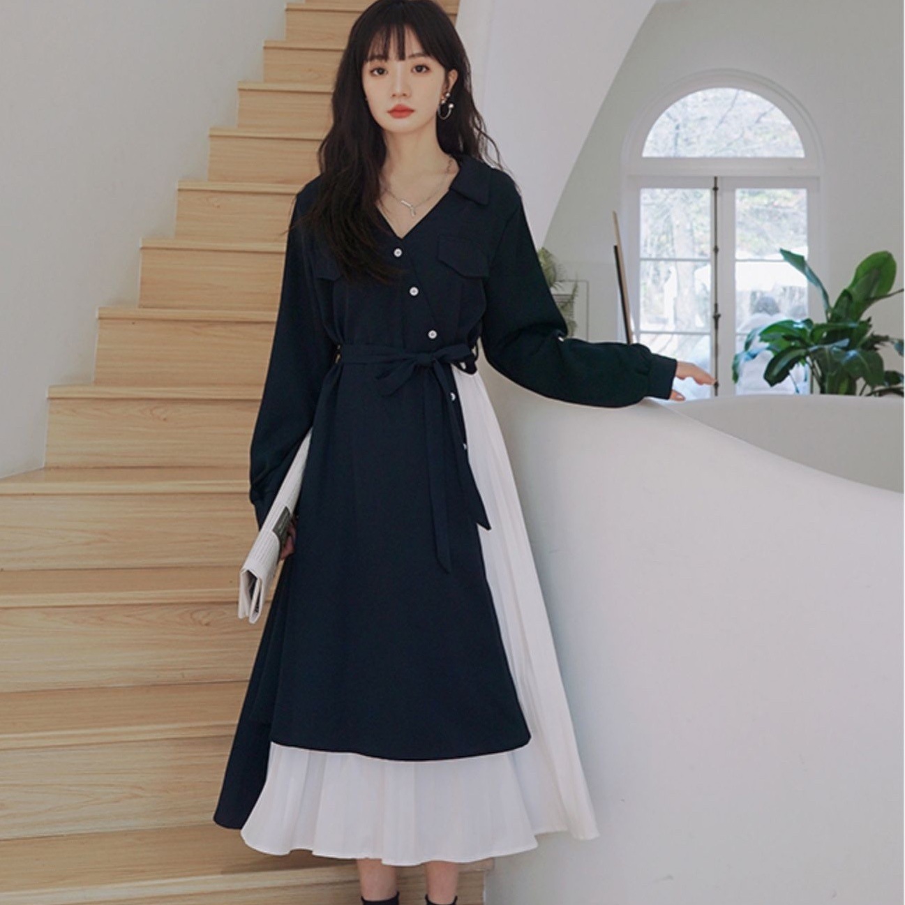 ワンピース シャツワンピース フレアワンピース ミモレ ミモレ丈 ロング ロング丈 袖あり 長袖 Vネック 襟付き アシンメトリー 切り替えデザイン ドッキング シフォン ウエストマーク