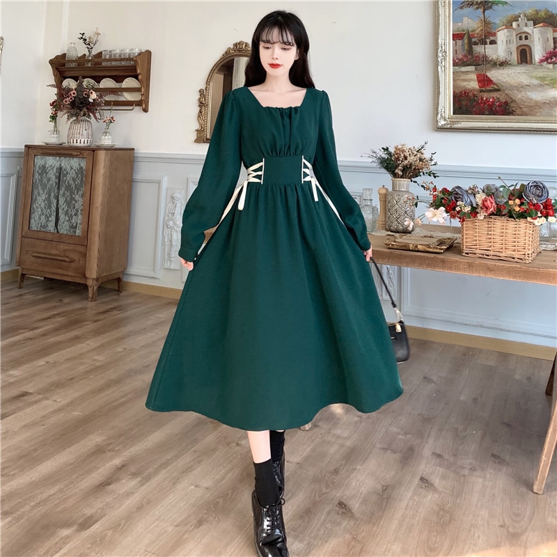 ワンピース フレアワンピース ロング ロング丈 袖あり 長袖 パフスリーブ スクエアネック フレア Aライン リボン ウエストマーク ウエストリボン プルオーバー かわいい 大人可愛い レトロ