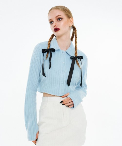 バック オープン リボン ストラップ シャツニット [ブルー アンゴラ]