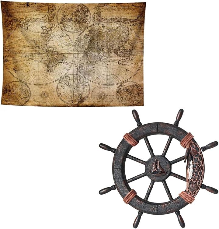 舵輪 インテリア 木製 タペストリー 大判 世界地図 ポスター おしゃれ 壁掛け オブジェ 特大(ブラウンとベージュ, 舵輪直径45cm タペストリー幅150cm)