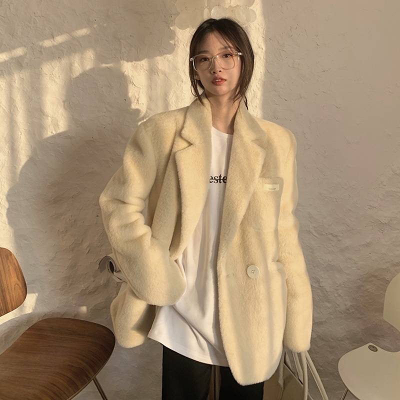 【激安販売】2色 アウター レディース ジャケット ブレザー 上着 無地 ベージュ カーキ もこもこ オフィス 通勤 長袖 大人カジュアル セレブカジュアル ファッション デート 通学 学生 OL お