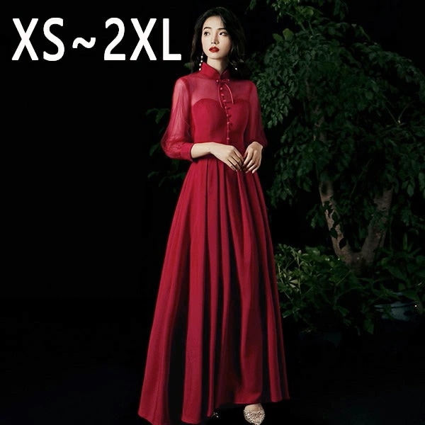 ロングドレス 演奏会 袖付き 透明感あり ワインレッドパーティードレス ロング パーティドレス ロングドレス 母親 結婚式 ワンピース 大きいサイズ 演奏会用ドレス 袖あり 大人 ピアノ 発表会 ドレ