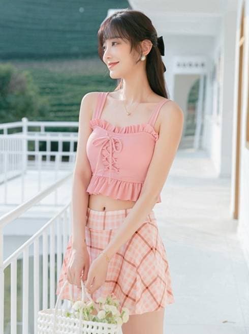 レースアップ ビスチェ チェック柄 タンキニ レディース 水着 上下セット 2点セット スカパン セパレート リボン ハイウエスト 着痩せ 大人かわいい シンプル ナチュラルパステルカラー 4,627円