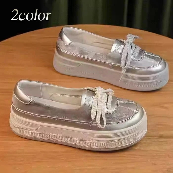 【急速出荷!】スリッポン レディース 厚底 スニーカー風 シューレース 靴紐 シルバー ガンメタ 脚長 スタイルアップ カジュアル 4cmソール