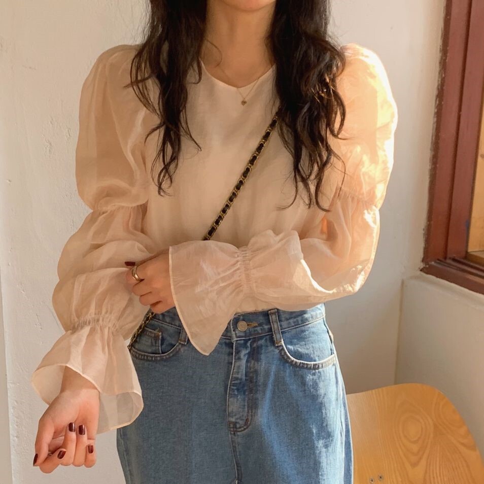 バックダブルリボン ヴィラーゴスリーブ シアー トップス ブラウス ミディアム丈 長袖 ボリューム袖 袖口フレア 襟なし ラウンドネック バックシャン バックコンシャス 透け感 かわいい 大人可愛い