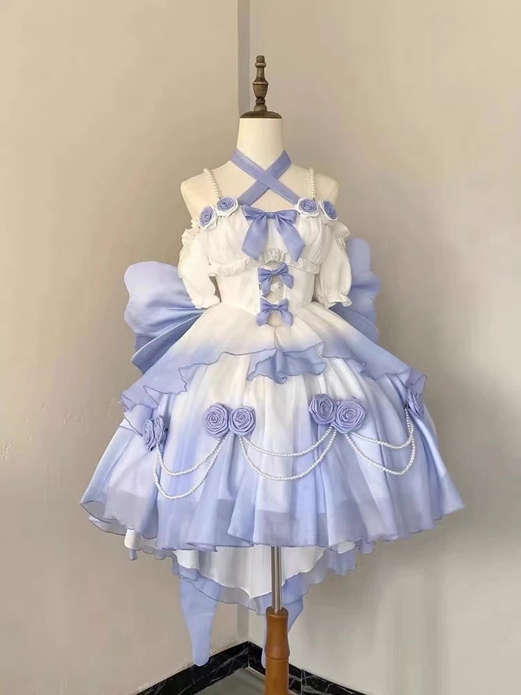 グラデーションブルーライトフラワーウェディング中空フロントショートバックロングロリータ細かいグリッターロリータふわふわ重工業プリンセススカートロリータスカート