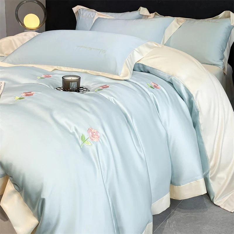 ウォッシュドアイスシルク刺繍4点セット夏涼しい学生寮3点掛け布団カバー裸寝シーツ寝具
