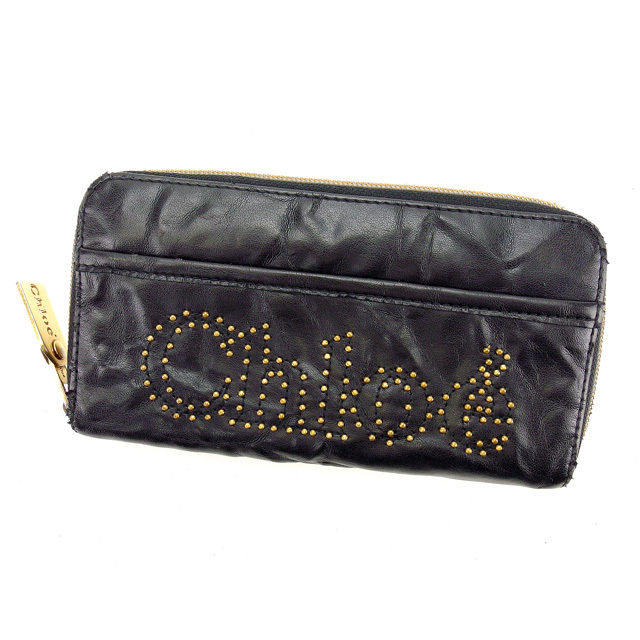 長財布 ラウンドファスナー ロゴスタッズ ブラック ゴールド 中古