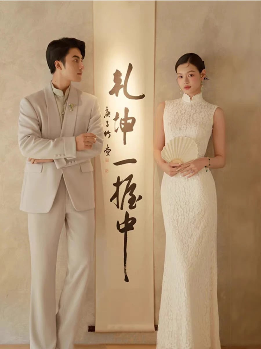 レースのチャイナドレス フランスレース ハーフネックドレス ホワイト ウェディングドレス 卒業式 結婚式 二次会 花嫁 披露宴 演奏会