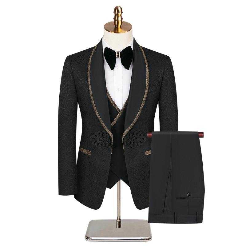 メンズ スーツ 3点セット 高級感 バックル ビジネス カジュアル 新郎 結婚式 コントラスト ジャカード 白黒