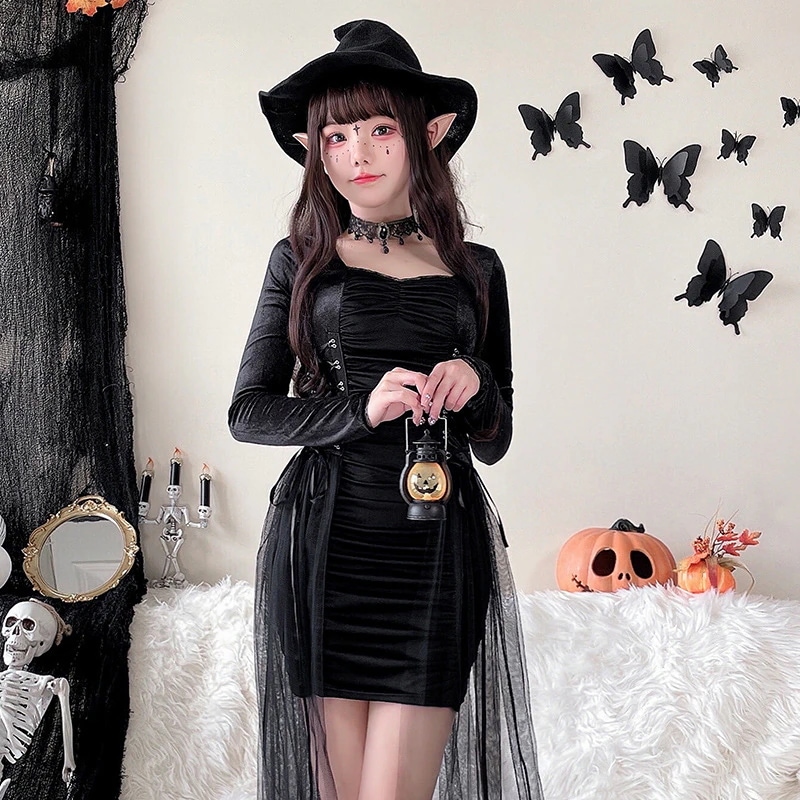 ハロウィンコスチューム マジシャン 魔女 ダーク ゴシック ローブ ステージパフォーマンス ロールプレイ コスプレコスチューム