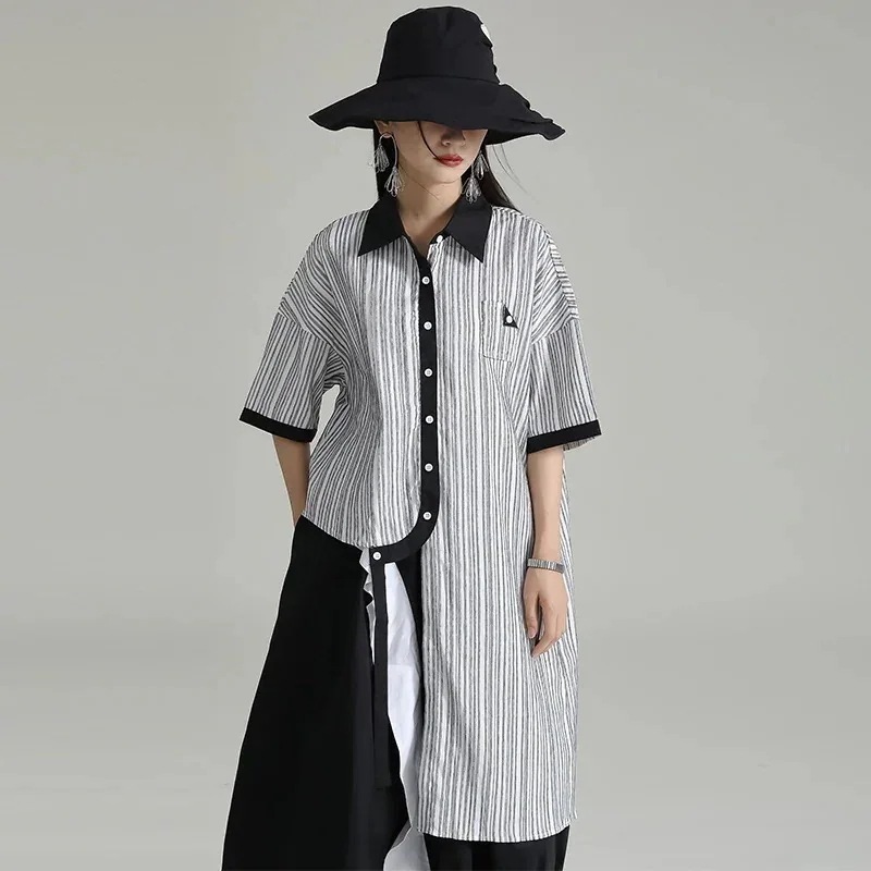 【J.Fashion】 不規則裾 ロングブラウス ドッキング 夏 体型カバー ロングシャツ チュニック カーディガン レディース おしゃれ 上質 関連商品は店で購入可能 メガ割30%までに制限